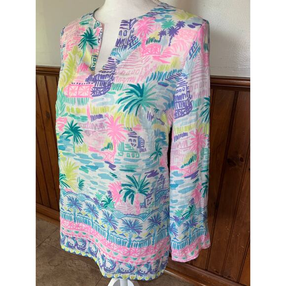 Womens Lilly Pulitzer Ocean Cove 100% Linen Tunic Blouse Top Blue Pink Size XS - Picture 4 of 13